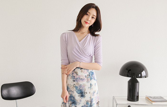 シルキー シャーリング ラップスタイル 弾力 ティーシャツ(7分袖)