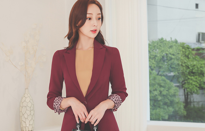 Leopard 袖配色 ワンボタン 弾力 ジャケット