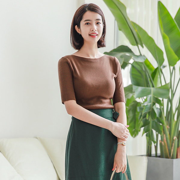 ベーシックボートネック5分袖ニット