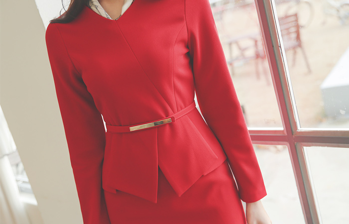 ゴールドバー ベルト プリーツ ペプラム ブイネック ワンピース