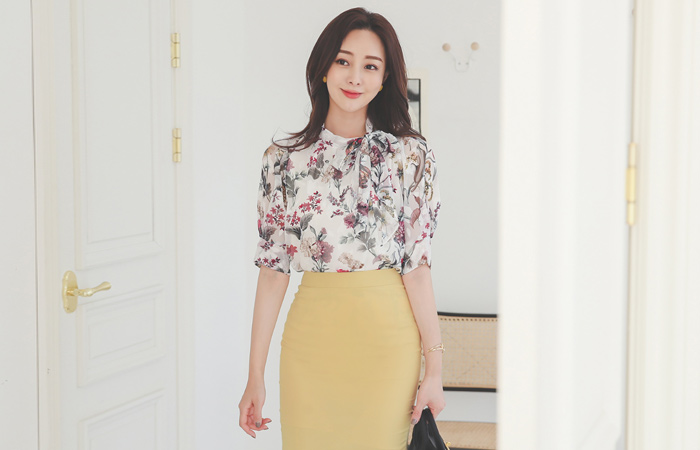 オリエンタル フローラル リーフ シースルー ブラウス