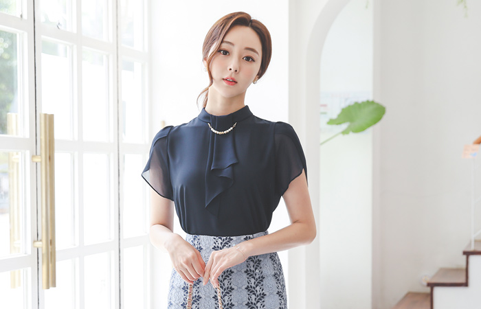 真珠キュービック ロールネック スカーフ ブラウス(summer)