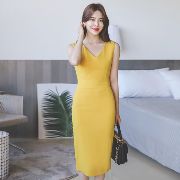 クラッシー ブイネック スリム ワンピース(夏)