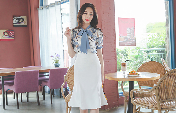 サテン ドローイング リボンタイ ブラウス&マーメイド スカート SET