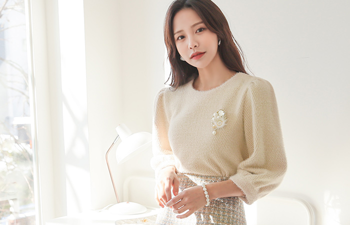 ソフト ミンクタッチ パフ袖 ラウンド ブラウス