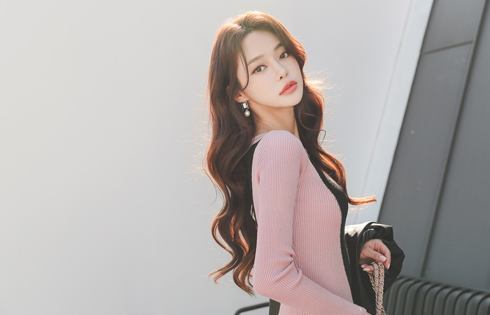 Oblique 配色 スリム コール天 ニットワンピース