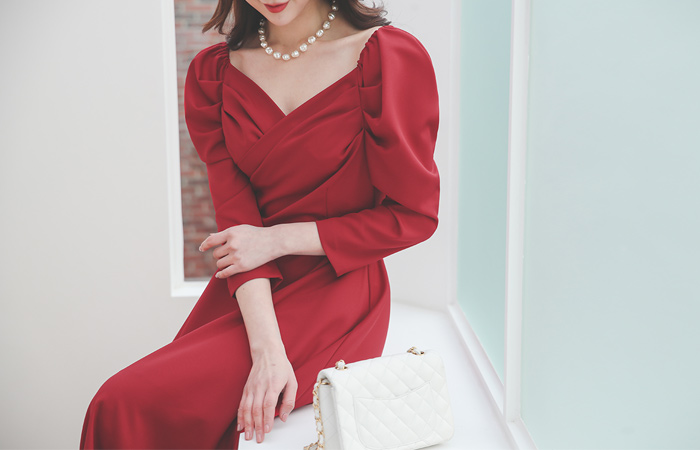 シャーリング ハートネック パフ袖 オフショルダー ワンピース