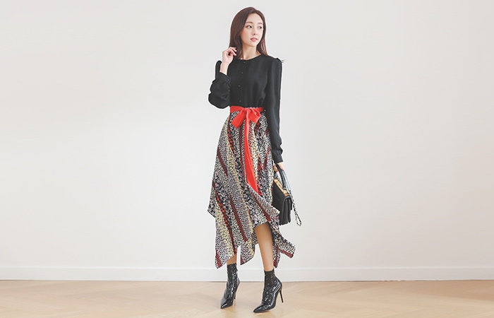 ユニーク ミックス 花柄 リボンベルト アンバランス ワンピース