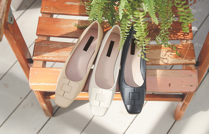 [モデル着用42次]크랙 スクエア ブロックヒール フラットシューズ