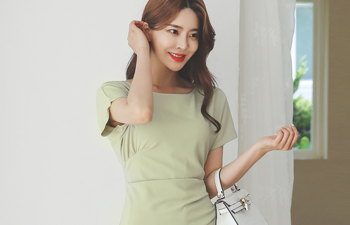 アンバランス ピンチシャーリング フレンチ スリーブ 弾力 ワンピース