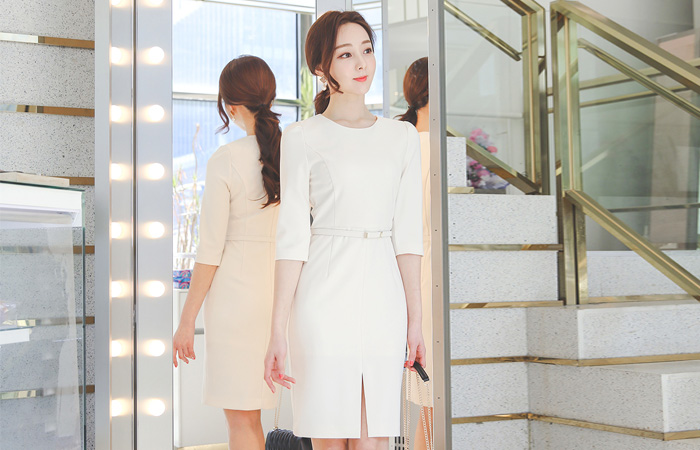 モダン ラウンド ベルティード スリット 弾力 ワンピース