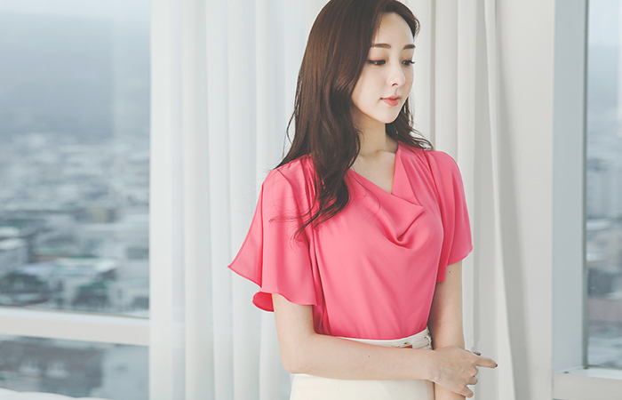 パピヨンスリープ スリット カウルネック ピンタック ブラウス