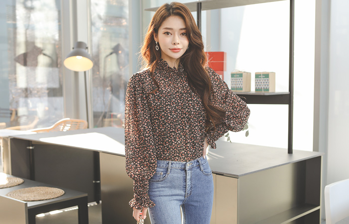 スモック フリルバンド 花柄 シースルー ブラウス