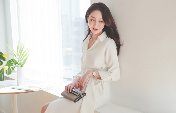 ウエスト ストラップ シャーリング ロールアップ シャツ ワンピース