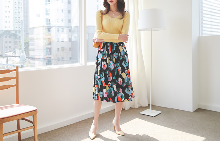 色とりどり パタン バンディング シャーリング フレア スカート