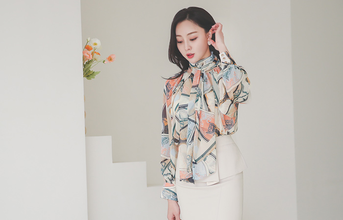 骨董こっとう 捺染 スカーフネック シフォン ブラウス