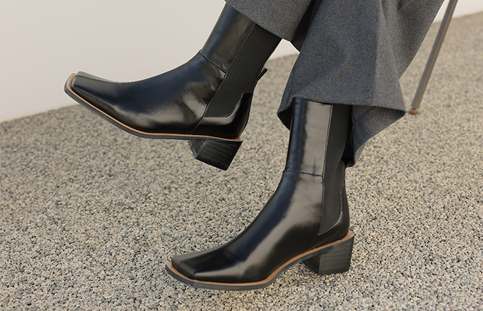 [モデル着用44次]トレンディー スクエアトー ブロックヒール バンディング アンクルブーツ