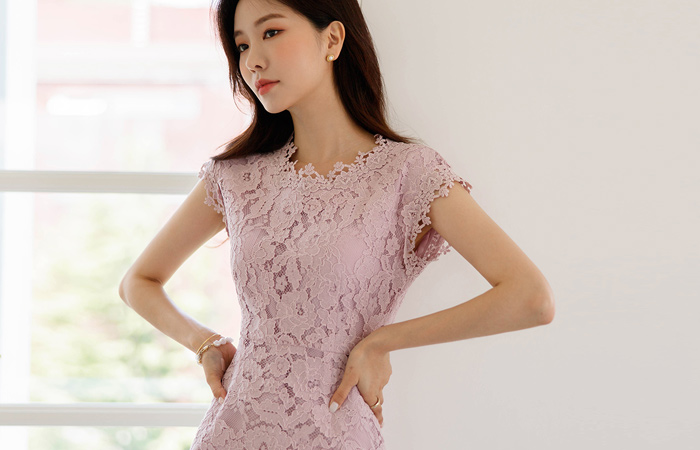 ロマンチック 花柄 レイス スリム ワンピース