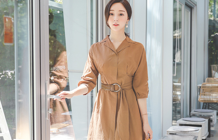 ワニ皮のベルト 半オープン カラー 弾力 ワンピース