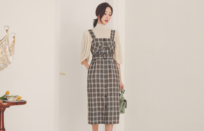 毛織 ダブル フラップ ボタン ワンピース