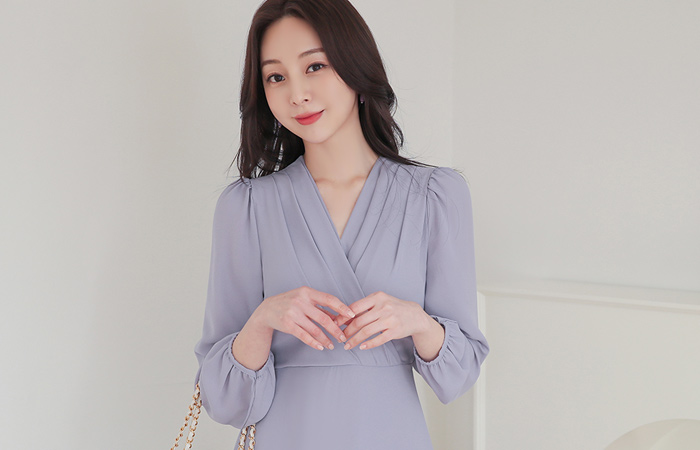 ピンタック シャーリング Vラップ シフォン ロングワンピース