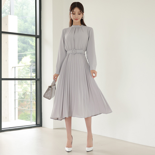 ピュア シャーリング ハーフネック バックリボン プリーツ ワンピース