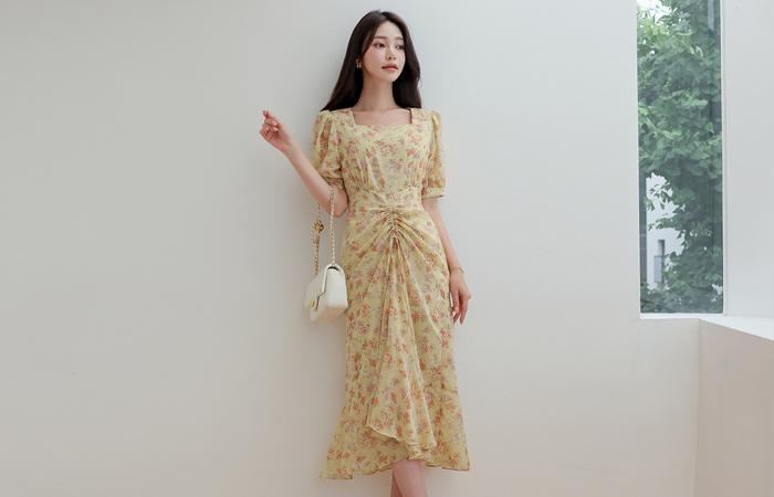 花柄 シフォン ストリング アンバランス ラッフル ワンピース