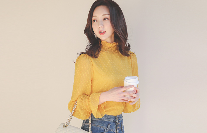 スモッキング フリル ネック シフォン トット ブラウス