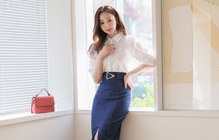 二重 カラー パフ袖 スリムフィット ブラウス