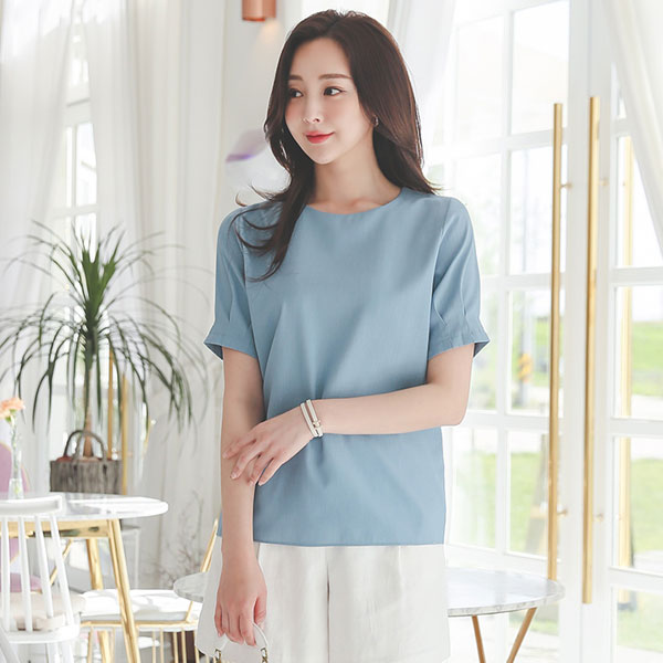 リネン テクスチャ ピンタック パフ袖 ブラウス