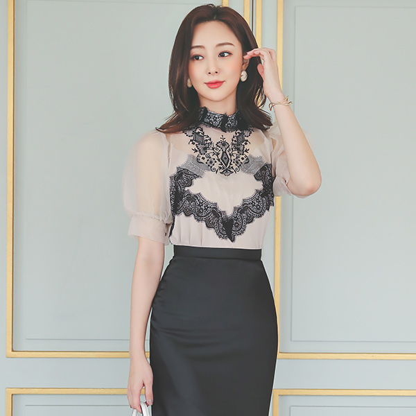 サルビア 配色 パフ袖 オーガンザ ブラウス