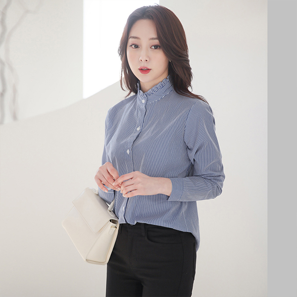 ストライプ プリルネック コットン シャツ ブラウス