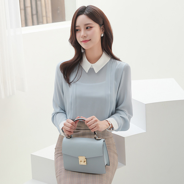 フラットカラー 配色 サイド ピンタック ブラウス