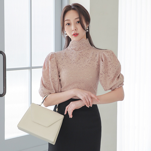 フルライン バルーン スリーブ ハイネック レイス ブラウス