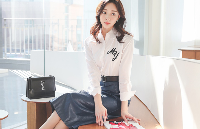 オーバー カフス レタリング 刺繍 コットン シャツ