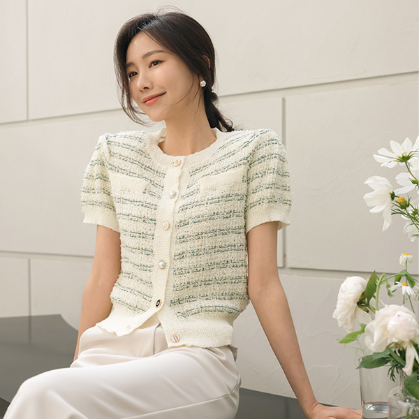 Coco 宝石 ボタン ミックス ツイード ニット カーディガン