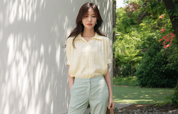 カラーネック シャーリング ショルダー ブラウス