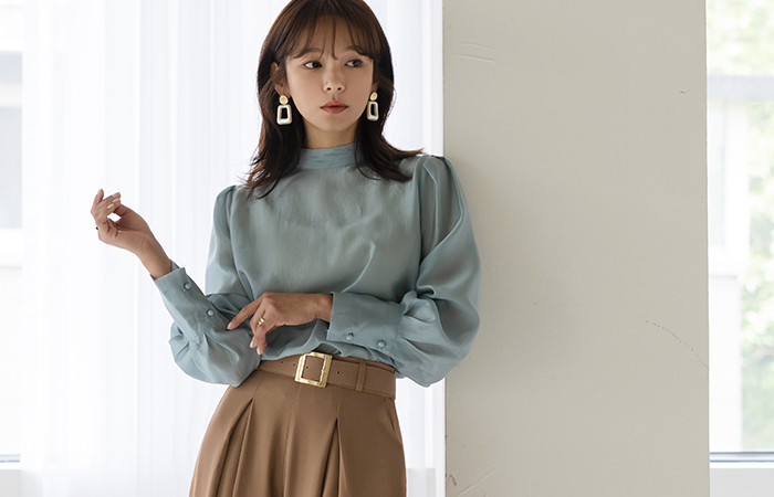 エレガンス シースルー こうめん タイ ボリュームそで モダール ブラウス