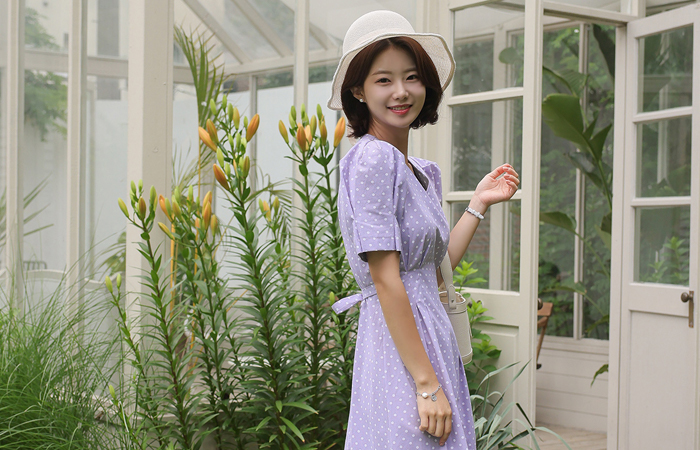 トット 配色 ポイント ブイネック パフ フレア ワンピース