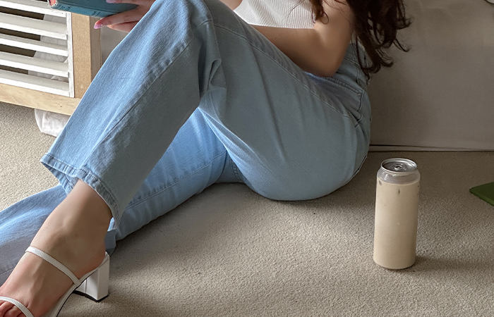 Light-Blue ストレート しわ ブーツカット デニム パンツ