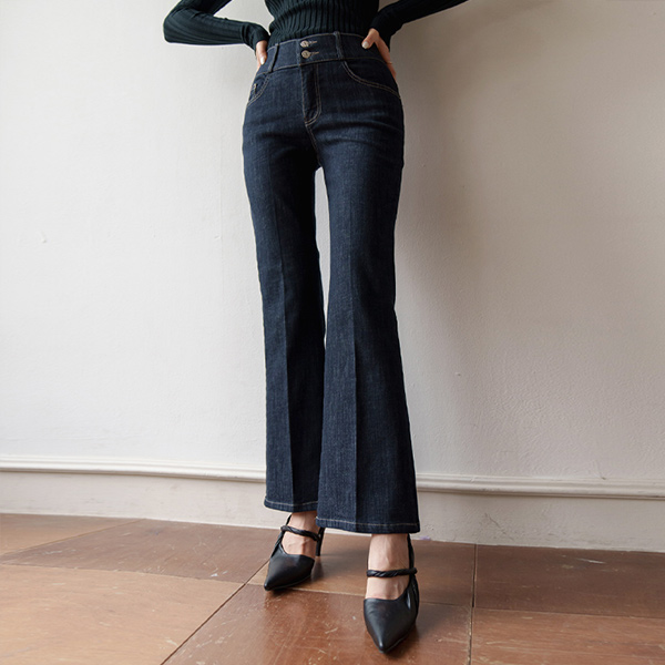 いい伸縮性 ツーボタン Stretchy-Waist ブーツカット デニム パンツ