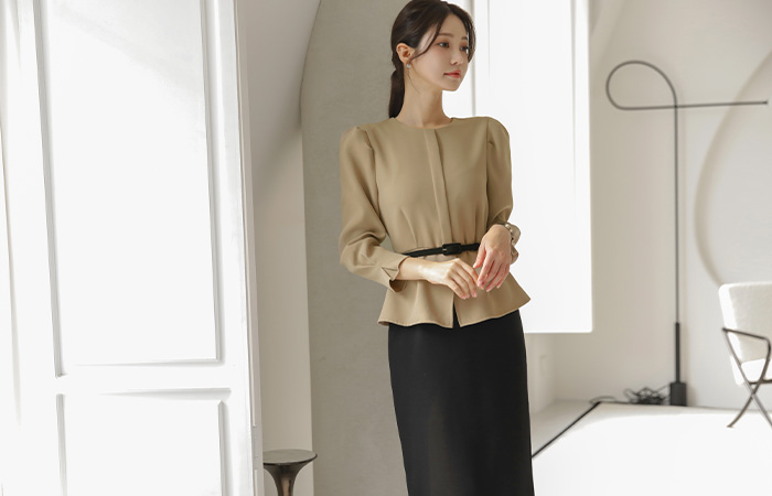 エレガンス ペプラム 配色 ベルティード ワンピース