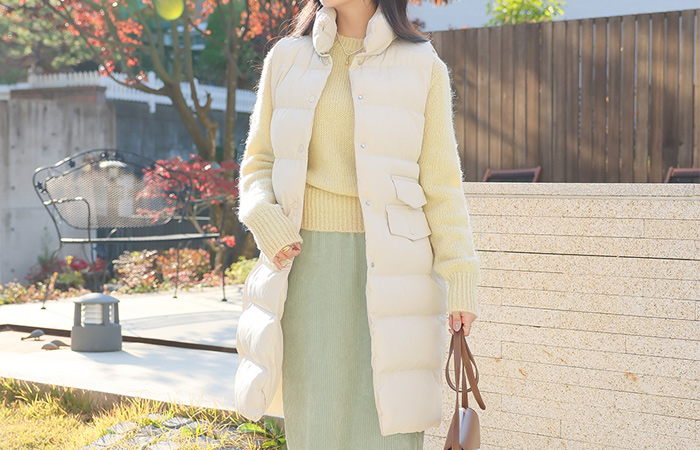 人造ダウン スナップボタン ソフト ロング バディング ベスト