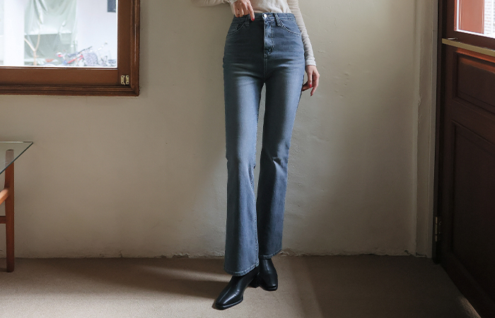 Stretchy-Waist 弾力 ブーツカット デニム パンツ (起毛裏地)