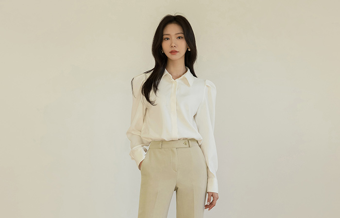 トップ 真珠 ボタン パフ ショルダー ブラウス