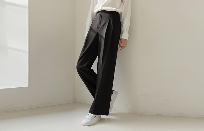 楽な ダブル ピンタック ワイド 後面バンド 裏起毛 スレックス