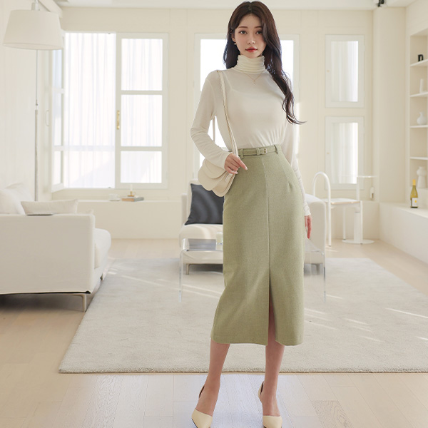 フロント スリット ベルティード 毛織 スカート