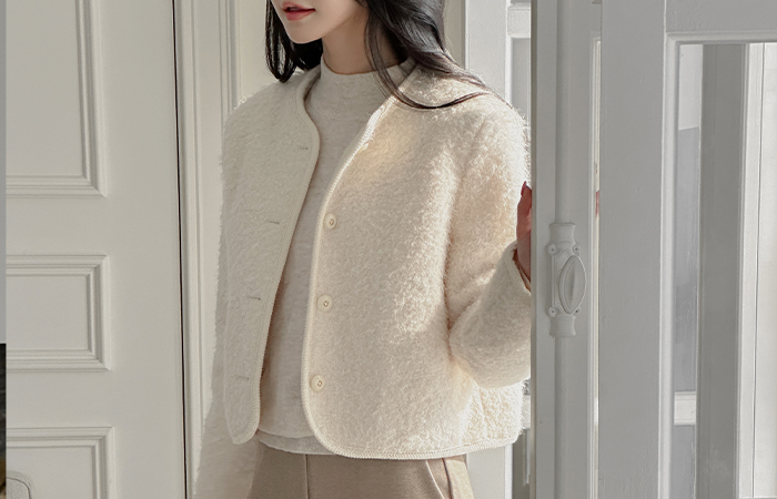 ふわふわ タッチ ラウンドネック ウール ジャケット (キルティング裏地)