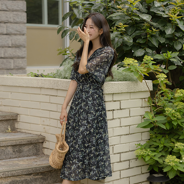 シフォン 袖 桜花 パタン Aライン ラップ ワンピース