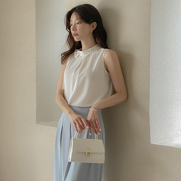 サイド リボン·ネックライン 袖なし ブラウス